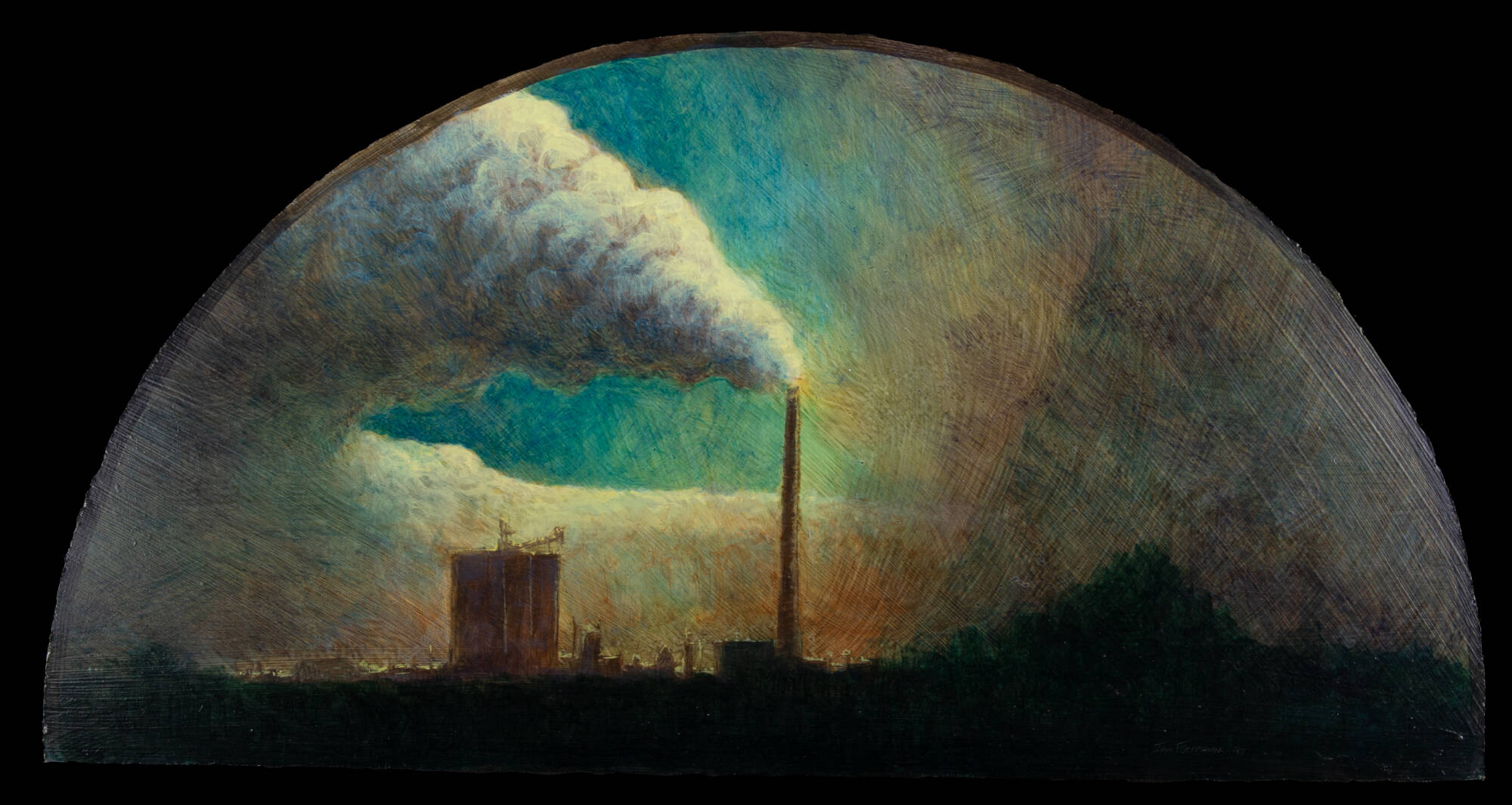 Half-circle shaped painting of an industrial scene with buidlings along the bottom and a large smoke cloud.
